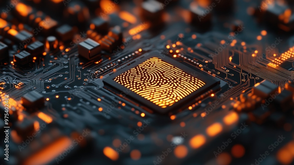 Poster fingerprint scan on a microcircuit board, highlighting advanced technology and biometric security in
