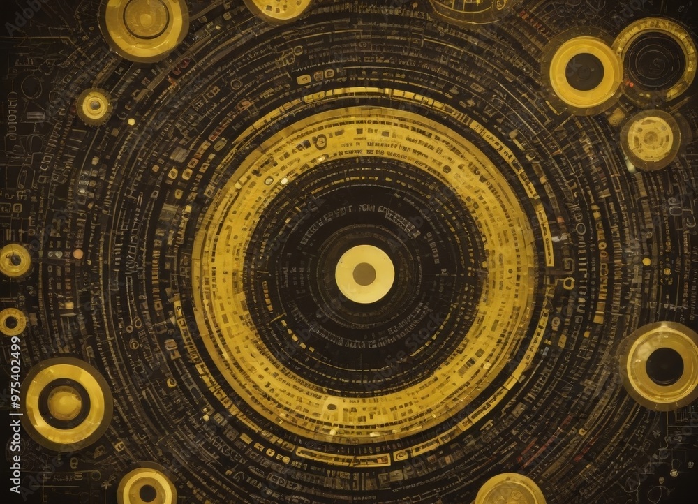 Poster a complex, abstract pattern of concentric circles and lines in shades of gold and black, creating a 