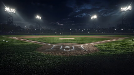Baseball field at night, spot lights shine from above, the middle of the field with ball from the first person perspective
