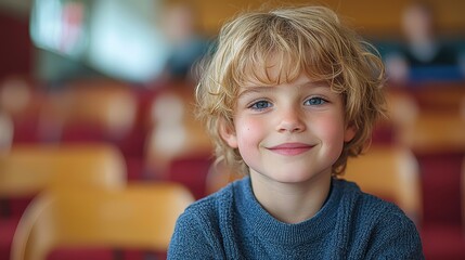 Young boy with curly hair smiling warmly in a classroom setting during daytime