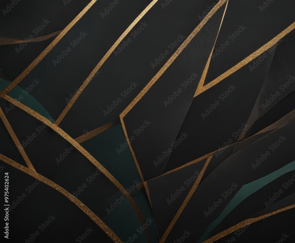 Poster a striking abstract composition of intersecting lines and shapes in black and gold, creating a sense