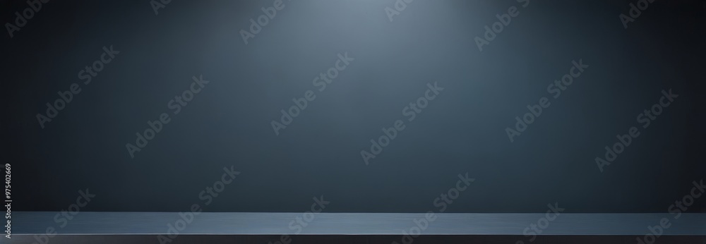 Poster a dark, empty room with a black shelf in the foreground.