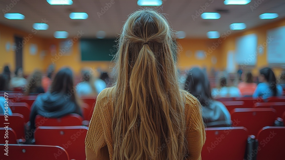 Poster student attentively listens to a lecture in a classroom setting with a vibrant orange wall during th
