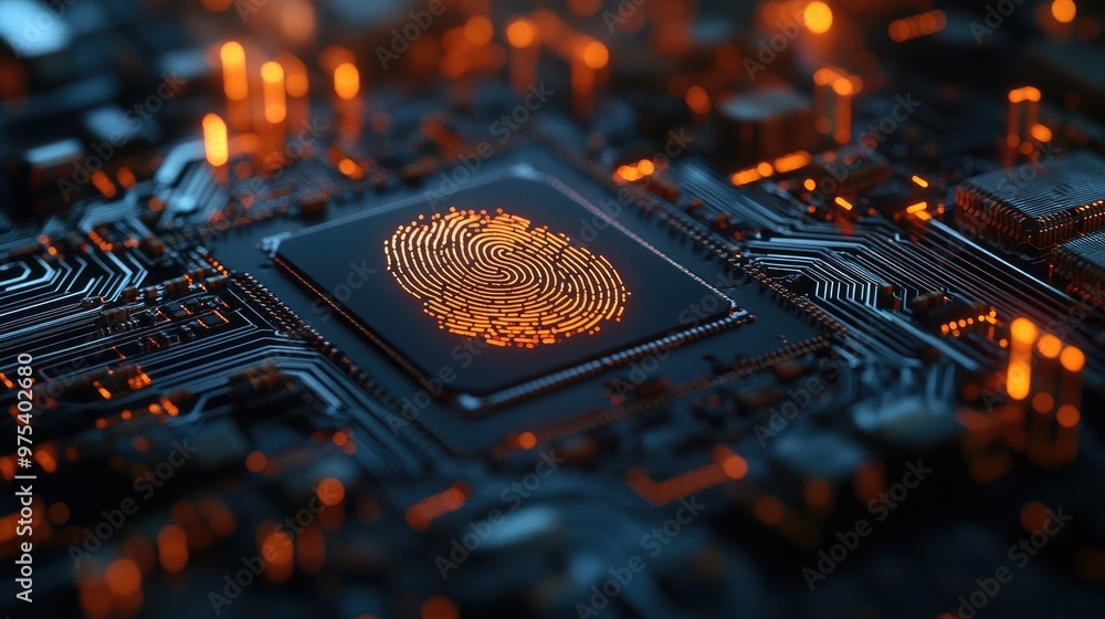 Poster fingerprint scan on a microcircuit board, highlighting advanced technology and biometric security in