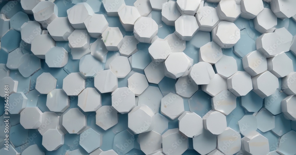 Aufkleber a close-up view of a pattern of white hexagonal tiles arranged in a grid-like fashion against a blue