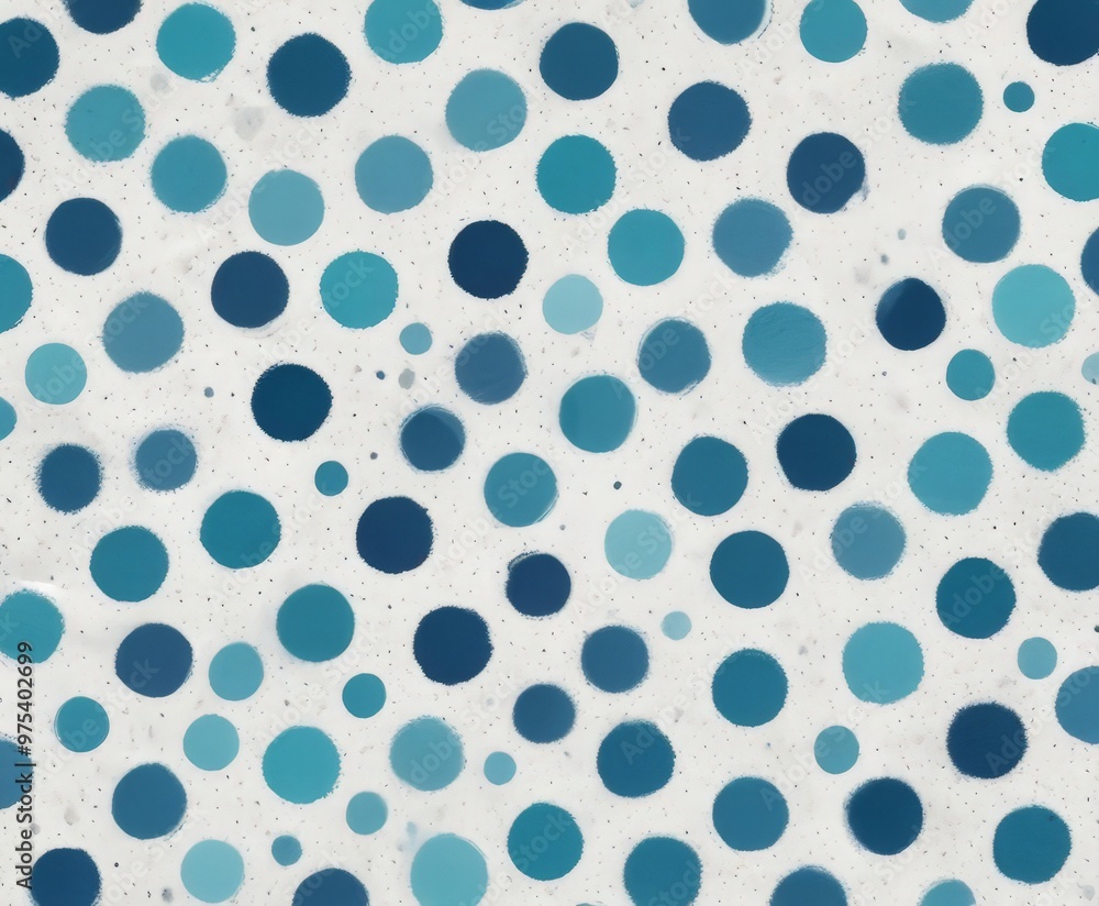Poster a close-up view of a white background with a pattern of blue and teal polka dots scattered randomly,