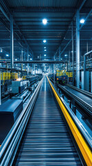 A modern factory featuring conveyor belts and high tech equipment, showcasing an organized and efficient production line. bright lighting enhances industrial atmosphere, emphasizing advanced technolog