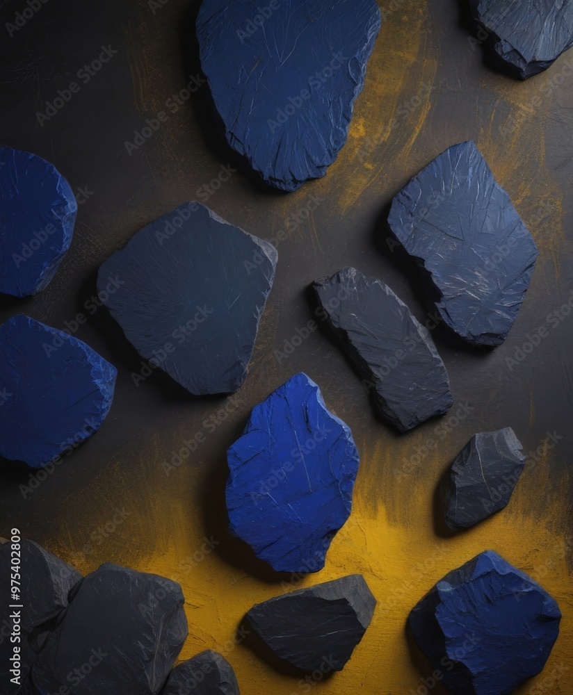 Poster a collection of dark blue and yellow rocks arranged in a random pattern against a dark background.