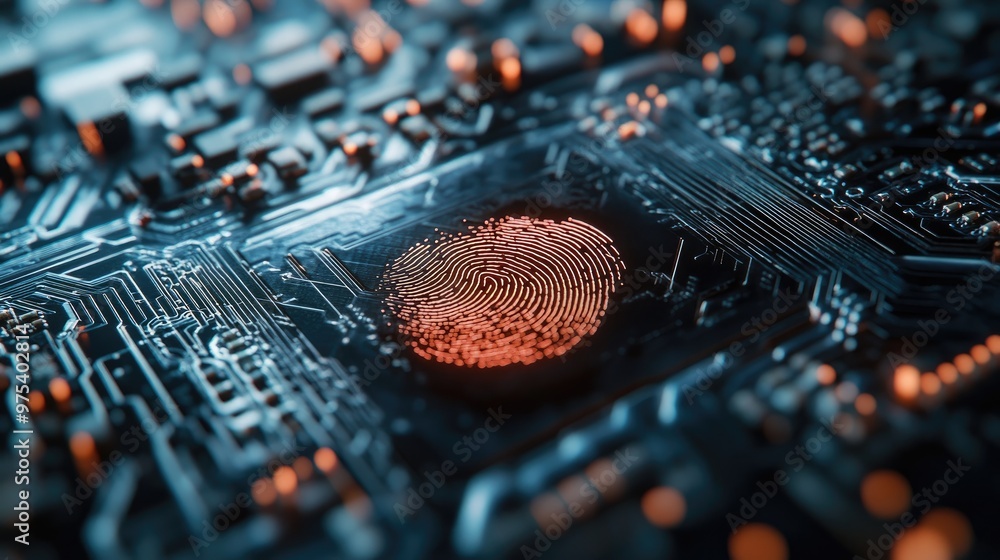 Poster fingerprint scan on a microcircuit board, highlighting advanced technology and biometric security in