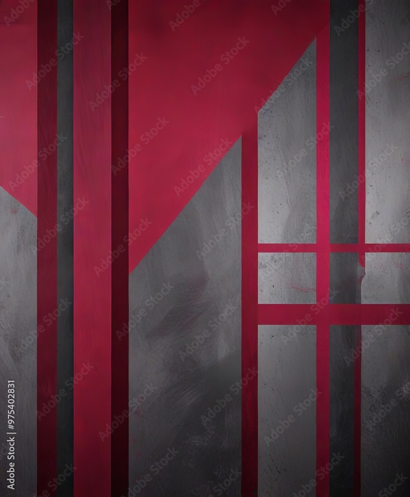 Poster a striking abstract composition of vertical and horizontal lines in red, black, and gray, creating a