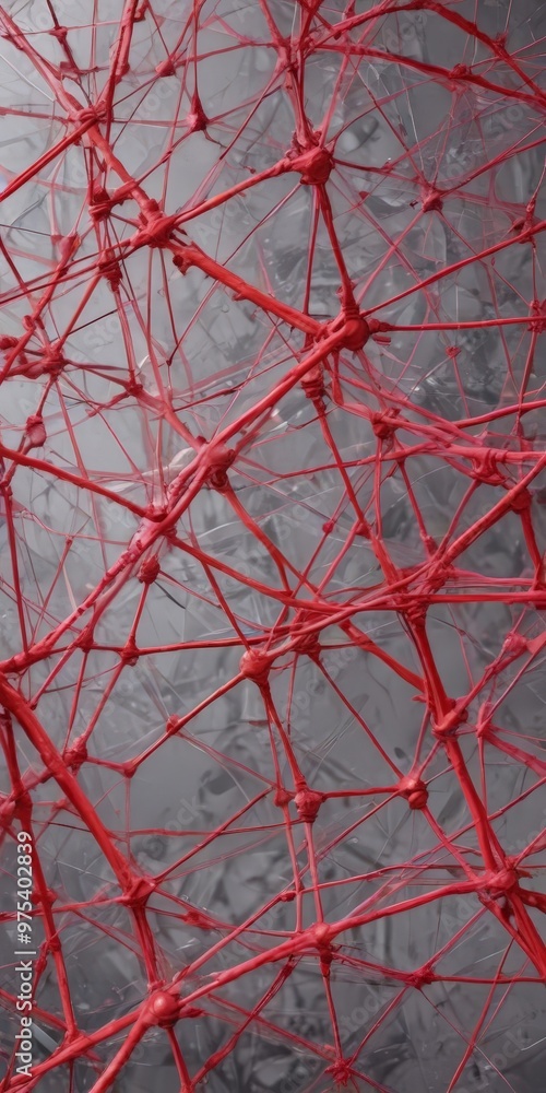 Poster a close-up view of a red, abstract sculpture composed of numerous interconnected red lines and point