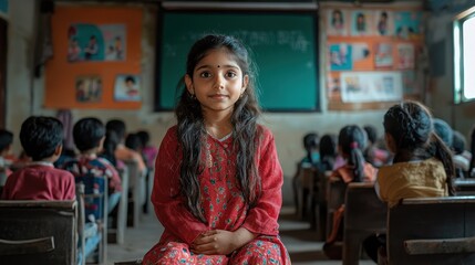 A young girl sits confidently in a classroom, surrounded by classmates during a learning session in the afternoon light