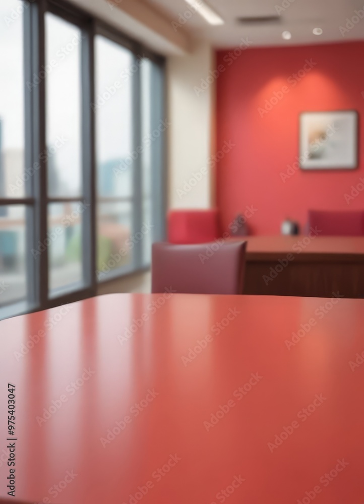Poster a red table in the foreground with a blurred background of a red-painted room with a window, a frame