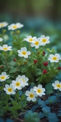 Obraz premium A close-up view of a field of white daisy-like flowers with yellow centers, set against a blurred green background.