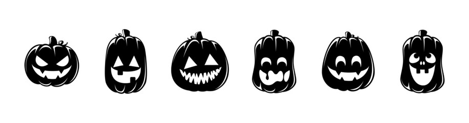 Jack O Lantern Silhouette Set. Cute Creepy Spooky Halloween Pumpkin Fall Autumn Sticker Print Illustration.