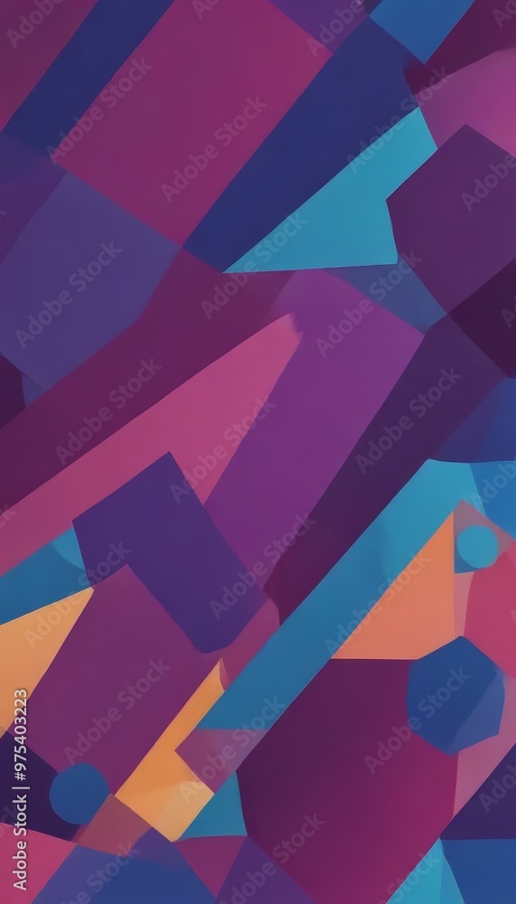 Poster a vibrant abstract composition of overlapping geometric shapes in various shades of purple, blue, an