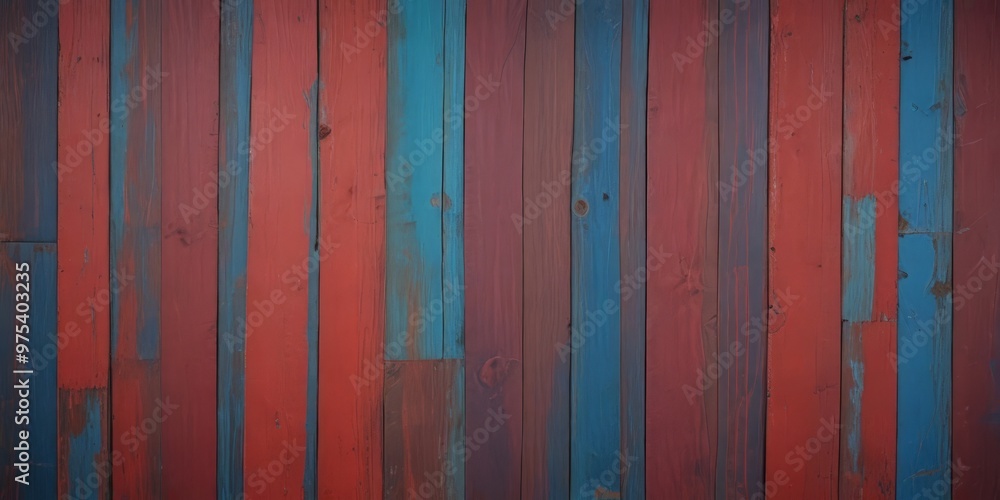 Poster a close-up view of a wooden wall with vertical planks painted in alternating red and blue colors, cr