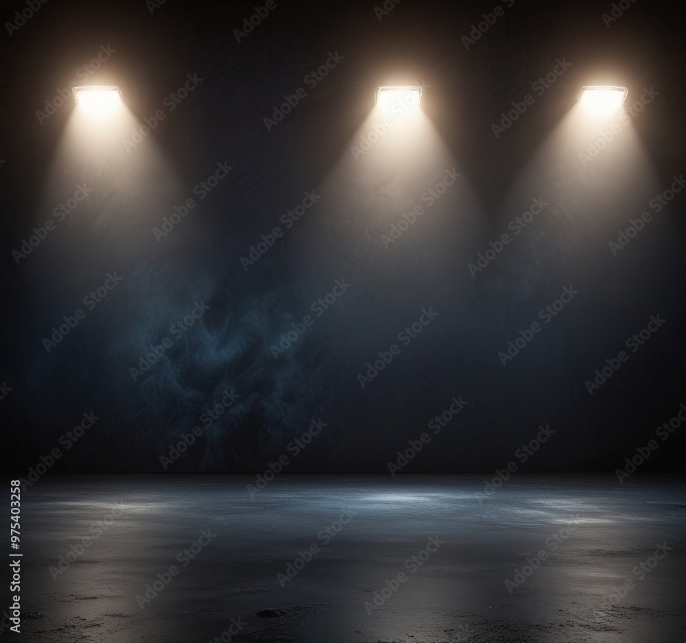 Poster three spotlights shine down on a dark, empty stage, casting dramatic shadows and highlighting the em