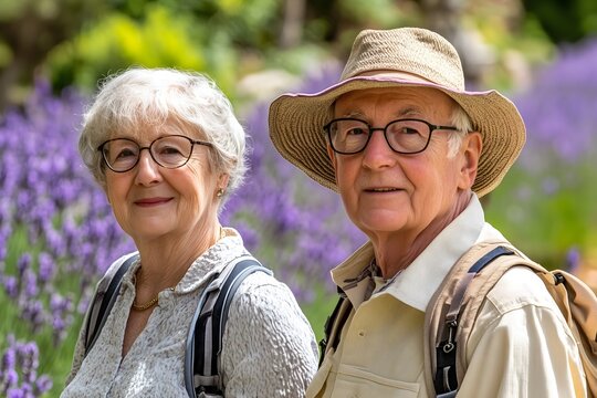 Senior couple travel freedom concept. Portrait of happy mature couple in lavender field on a sunny day