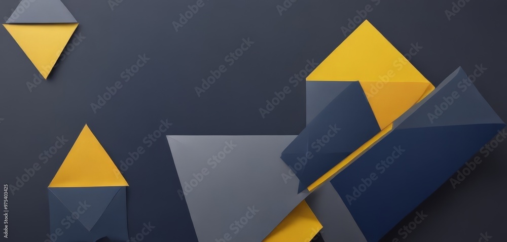 Poster the image presents a geometric composition of overlapping triangular shapes in various shades of blu
