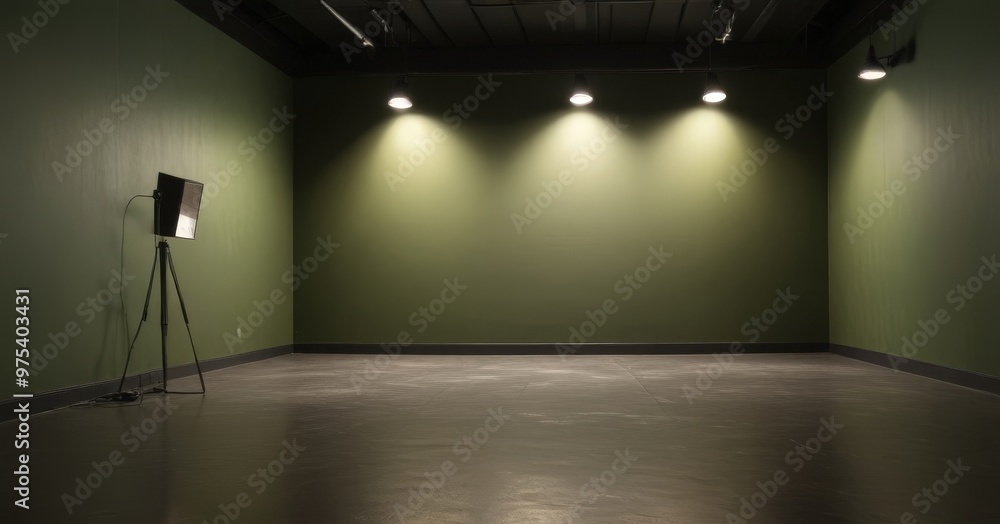 Poster a dimly lit room with green walls, a tripod light, and three spotlights arranged in a triangular for