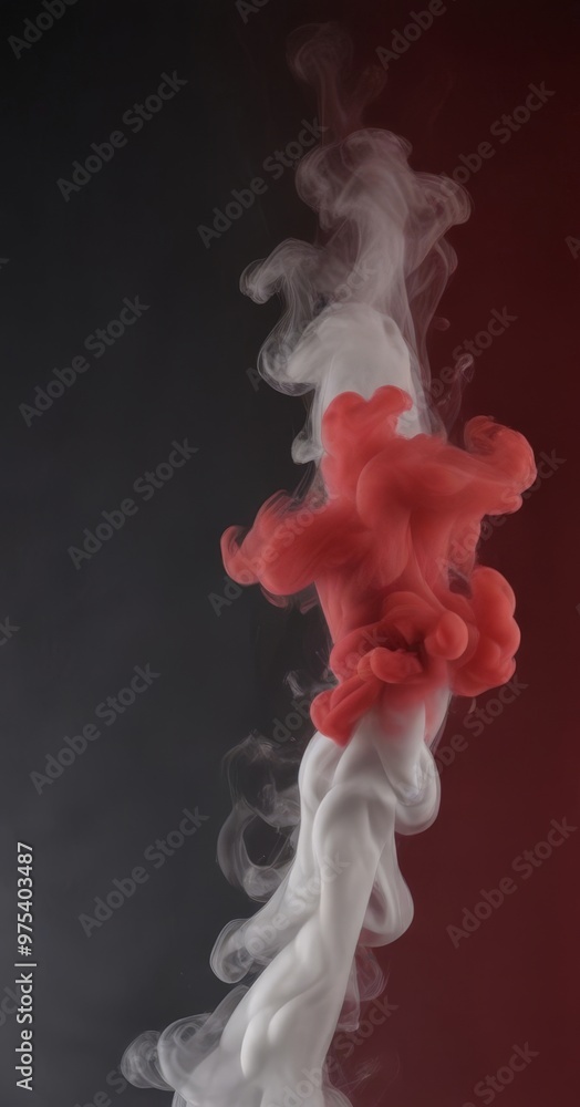 Poster abstract image featuring a swirling pattern of red and white smoke against a dark background.