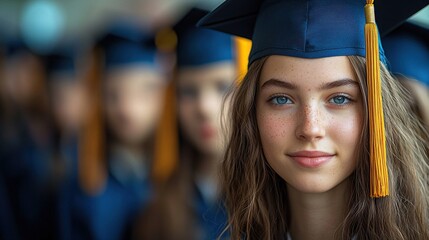 Young graduate wearing a cap and gown smiles confidently among her classmates at a graduation ceremony in late spring