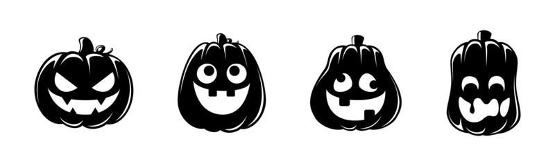 Jack O Lantern Silhouette Set. Cute Creepy Spooky Halloween Pumpkin Fall Autumn Sticker Print Illustration.