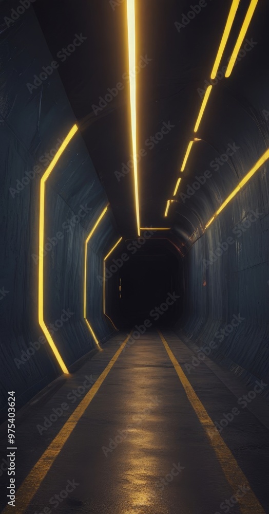 Aufkleber a long, dark tunnel with a single, bright yellow line running down the center, creating a sense of d