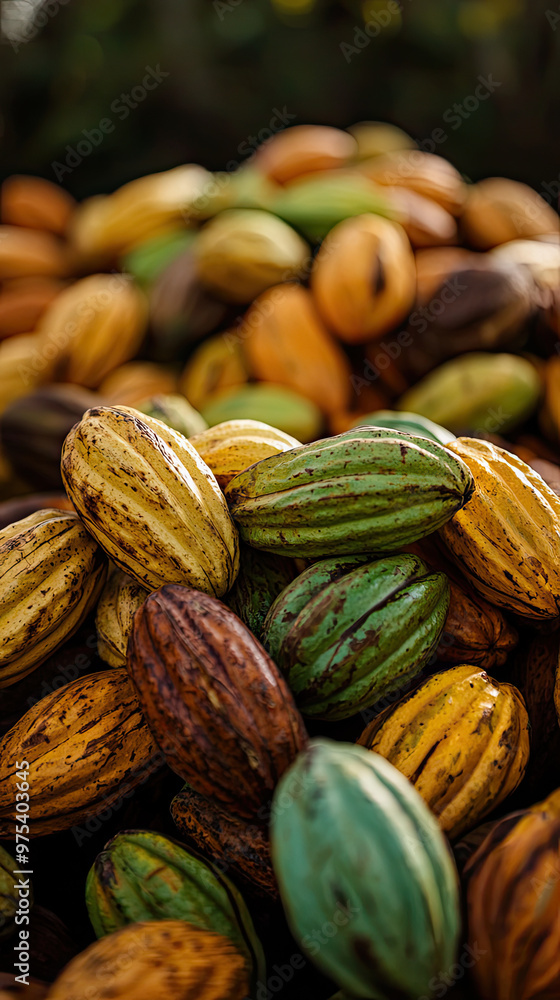 Poster freshly harvested cacao beans in vibrant array of colors create stunning visual display. rich textur