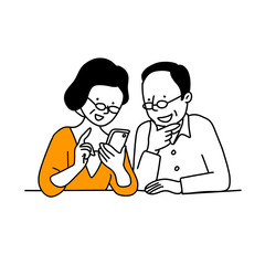 illustration of a grandfather and grandmother couple looking at a smartphone