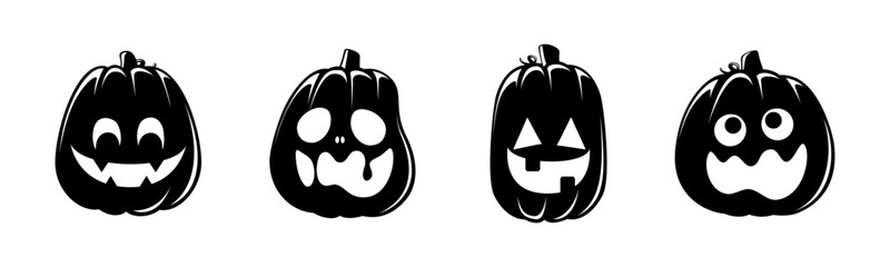 Jack O Lantern Silhouette Set. Cute Creepy Spooky Halloween Pumpkin Fall Autumn Sticker Print Illustration.