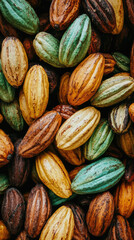 Fototapeta premium Freshly harvested cacao beans in vibrant colors create stunning visual display. rich textures and hues of yellow, green, and brown evoke sense of natures bounty and joy of chocolate production