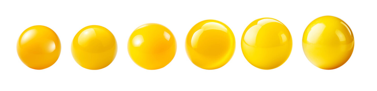 Row of six glossy yellow spheres arranged in a gradient against a white background, showcasing geometric design and bright color.