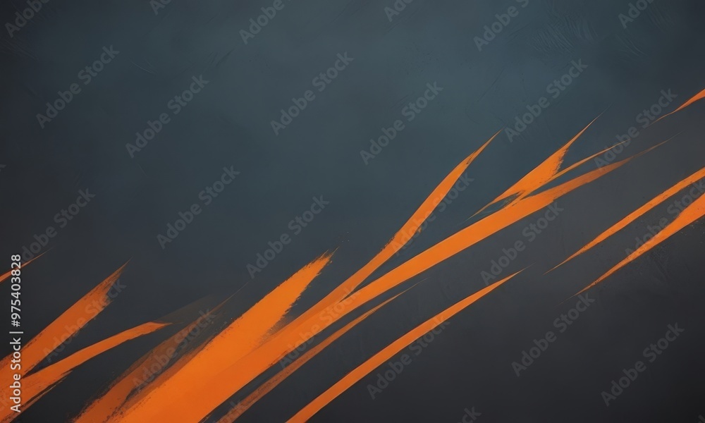 Poster a dark blue background with a diagonal line of orange and black brushstrokes, creating a dynamic and