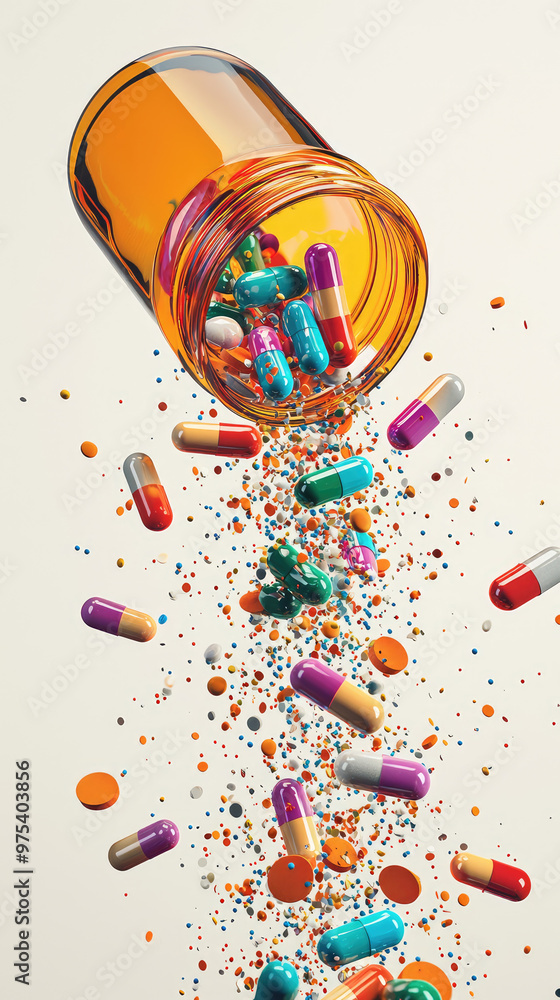 Poster colorful capsules spill from transparent pill bottle, creating vibrant cascade of various shapes and