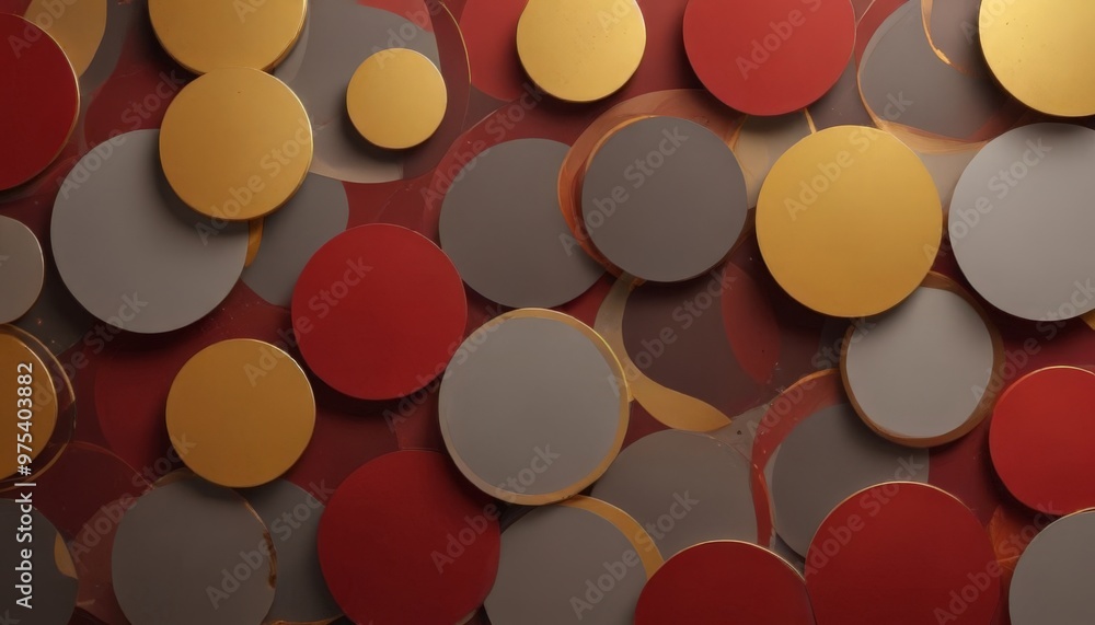 Poster a pattern of overlapping circles in various shades of red, gold, and gray, creating a visually strik