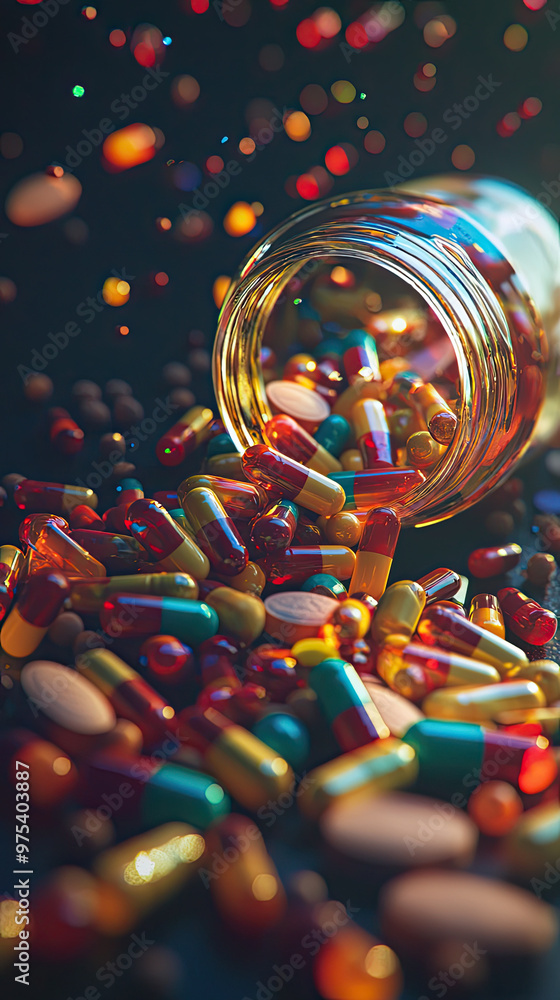 Poster a pill bottle spilling out various multicolored capsules creates vibrant and dynamic scene. colorful