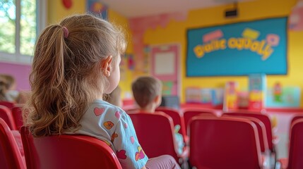 Children sitting in brightly colored classroom enjoying a lesson during a sunny day with playful decorations on the walls