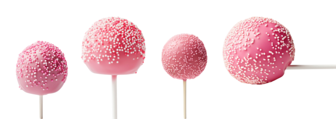 A collection of pink cake pops with white sprinkles, arranged in a line, isolated on a white background. Tasty treats perfect for celebrations.
