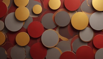 a pattern of overlapping circles in various shades of red, gold, and gray, creating a visually striking abstract design.