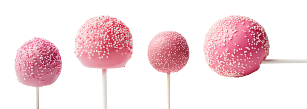 A collection of pink cake pops with white sprinkles, arranged in a line, isolated on a white background. Tasty treats perfect for celebrations.