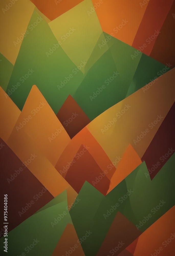 Poster a vibrant abstract composition of overlapping triangles in various shades of green, orange, and brow
