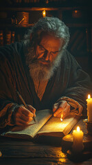 Fototapeta premium A quiet scene of an ancient Stoic scholar writing by candlelight, immersed in thought and reflection. warm glow of candles illuminates pages, creating serene atmosphere