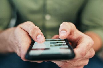Man, hands and typing with phone screen for online browsing, communication or social media....