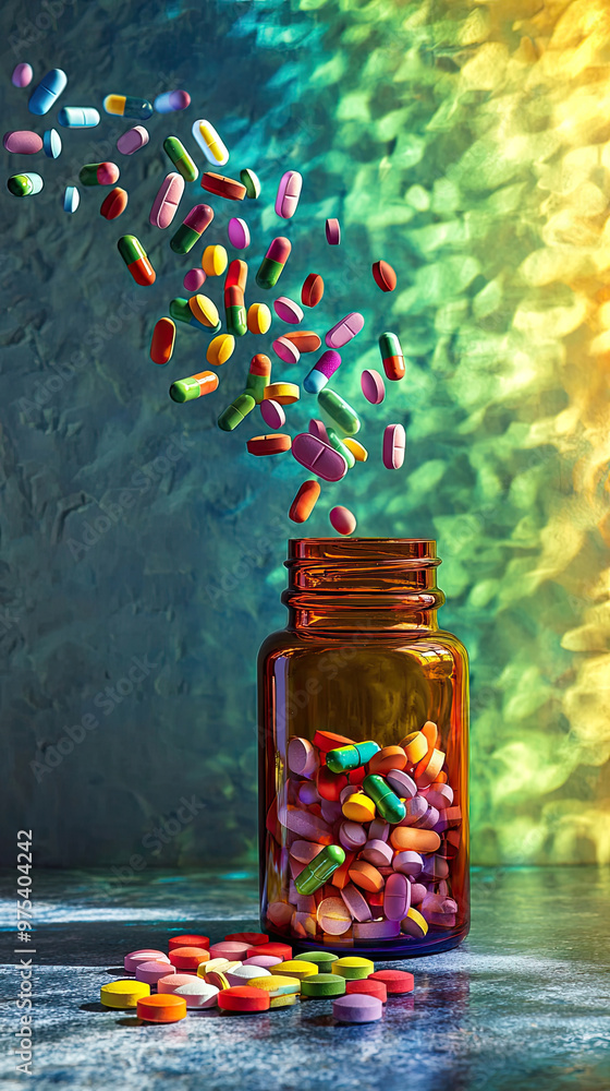 Poster a vibrant array of colorful pills cascades from glass bottle, creating stunning visual display again