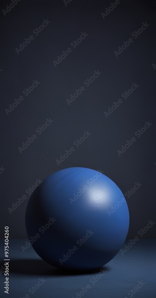 Poster a blue sphere rests on a dark surface, casting a shadow that extends towards the bottom right corner