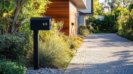A sleek mailbox stands alongside a pristine walkway, highlighting a chic home entrance with a prominent house number.