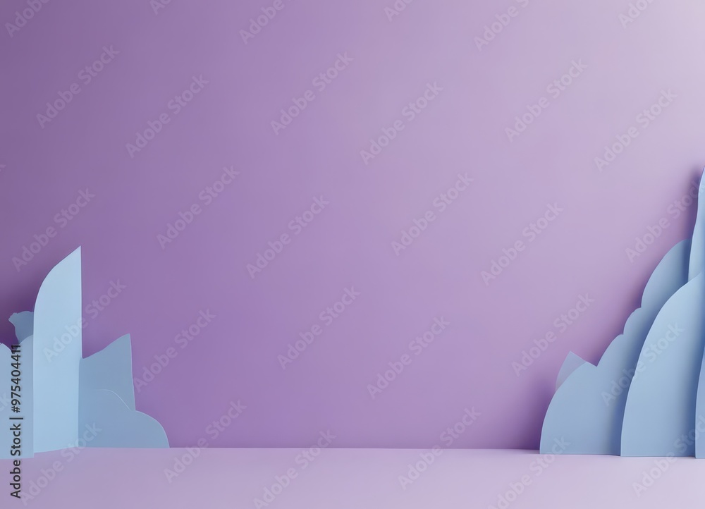 Poster a minimalist art piece featuring a purple background with three blue paper cutouts of varying shapes