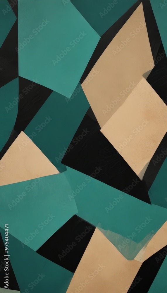 Poster the image is an abstract composition featuring overlapping geometric shapes in shades of green, blac